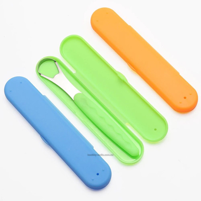 Tongue scraper, double-sided, metal, in case, Light green
